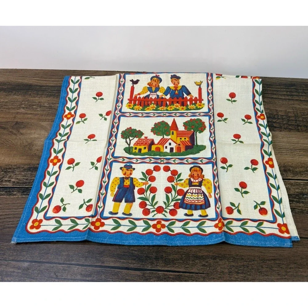 German Fabric Cotton Tea Towel Village Boy And Girl Folk Art Kitchen 15
